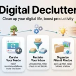 Digital declutter infographic with five steps: edit your phone, curate your feeds, reclaim your inbox, organize files and photos, and keep a weekly habit.