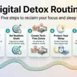 Infographic of a five step digital detox routine: audit your habits, set realistic goals, create tech-free zones, protect your sleep and keep the balance.