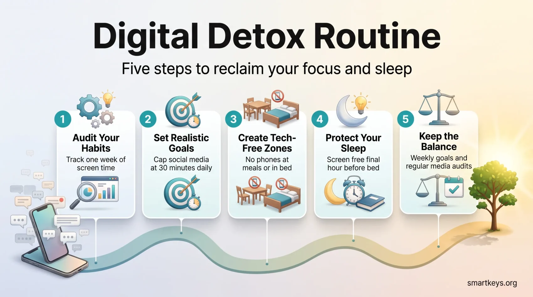 Infographic of a five step digital detox routine: audit your habits, set realistic goals, create tech-free zones, protect your sleep and keep the balance.
