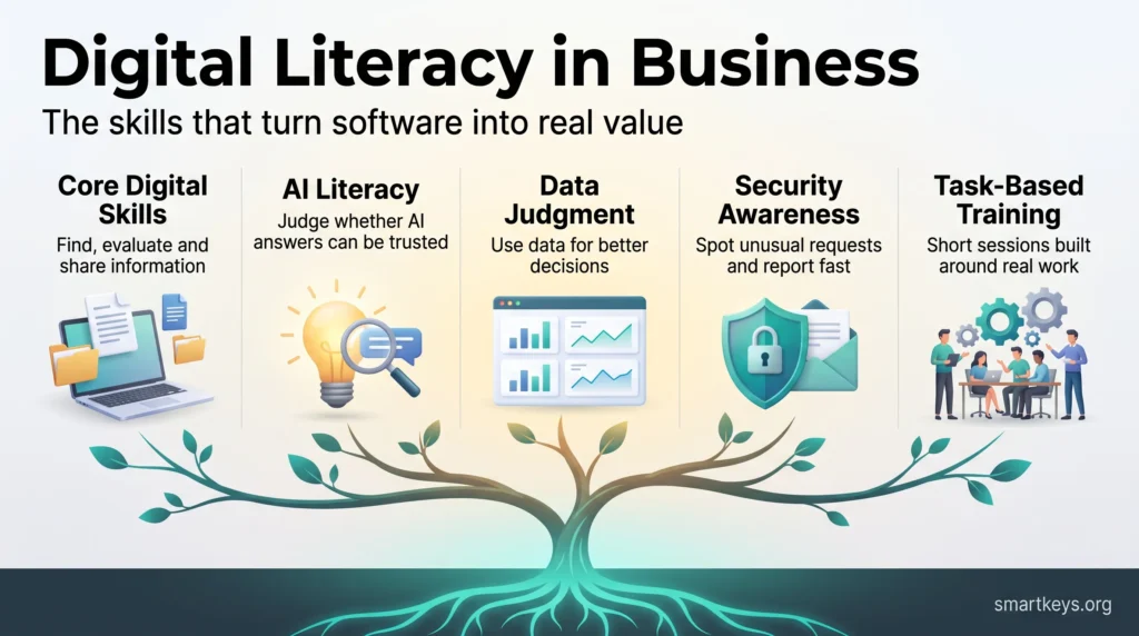 Digital literacy in business infographic showing five skills: core digital skills, AI literacy, data judgment, security awareness and task-based training.