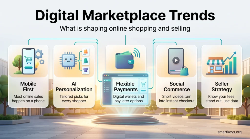 Digital marketplace trends infographic with five cards: mobile first shopping, AI personalization, flexible payments, social commerce and seller strategy.