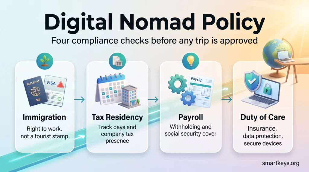 Digital nomad policy infographic showing four compliance checks before a trip is approved: immigration, tax residency, payroll and duty of care.