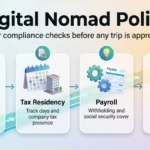 Digital Nomad Policy: Enabling Employees to Work from Anywhere Legally Digital nomad policy infographic showing four compliance checks before a trip is approved: immigration, tax residency, payroll and duty of care.