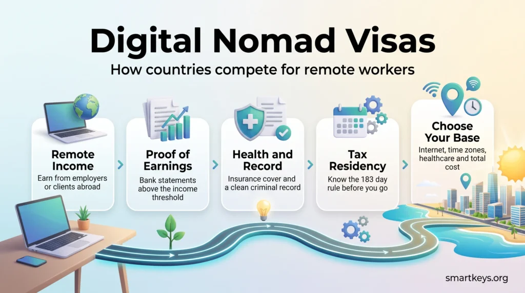 Digital nomad visas infographic showing five steps: remote income, proof of earnings, health and record, tax residency and choosing your base abroad.