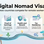 Digital nomad visas infographic showing five steps: remote income, proof of earnings, health and record, tax residency and choosing your base abroad.