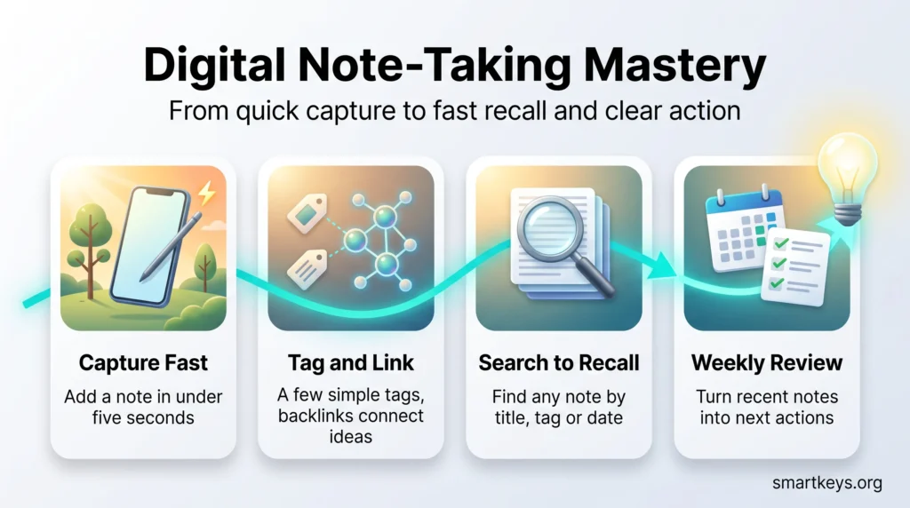 Digital note-taking infographic showing four steps from quick capture to recall: capture fast, tag and link, search to recall, and a weekly review.