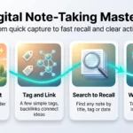 Digital note-taking infographic showing four steps from quick capture to recall: capture fast, tag and link, search to recall, and a weekly review.