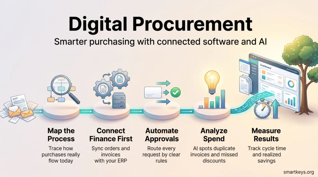 Digital procurement infographic showing five steps: map the process, connect finance first, automate approvals, analyze spend with AI and measure results.