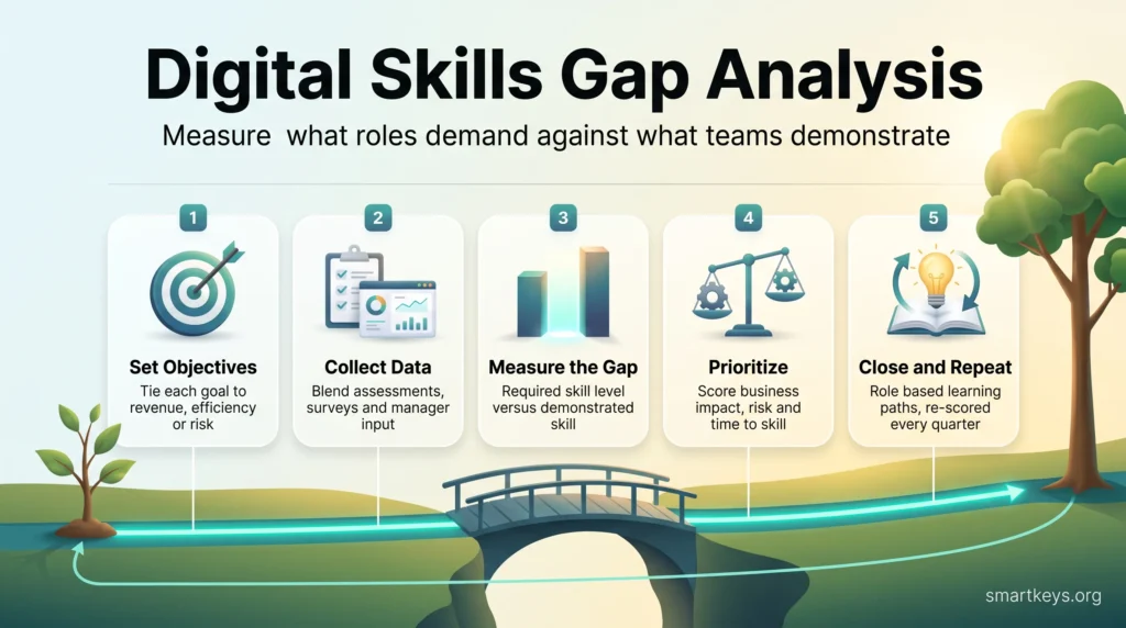 Infographic showing a five-step digital skills gap analysis: set objectives, collect data, measure the gap, prioritize, then close and repeat.