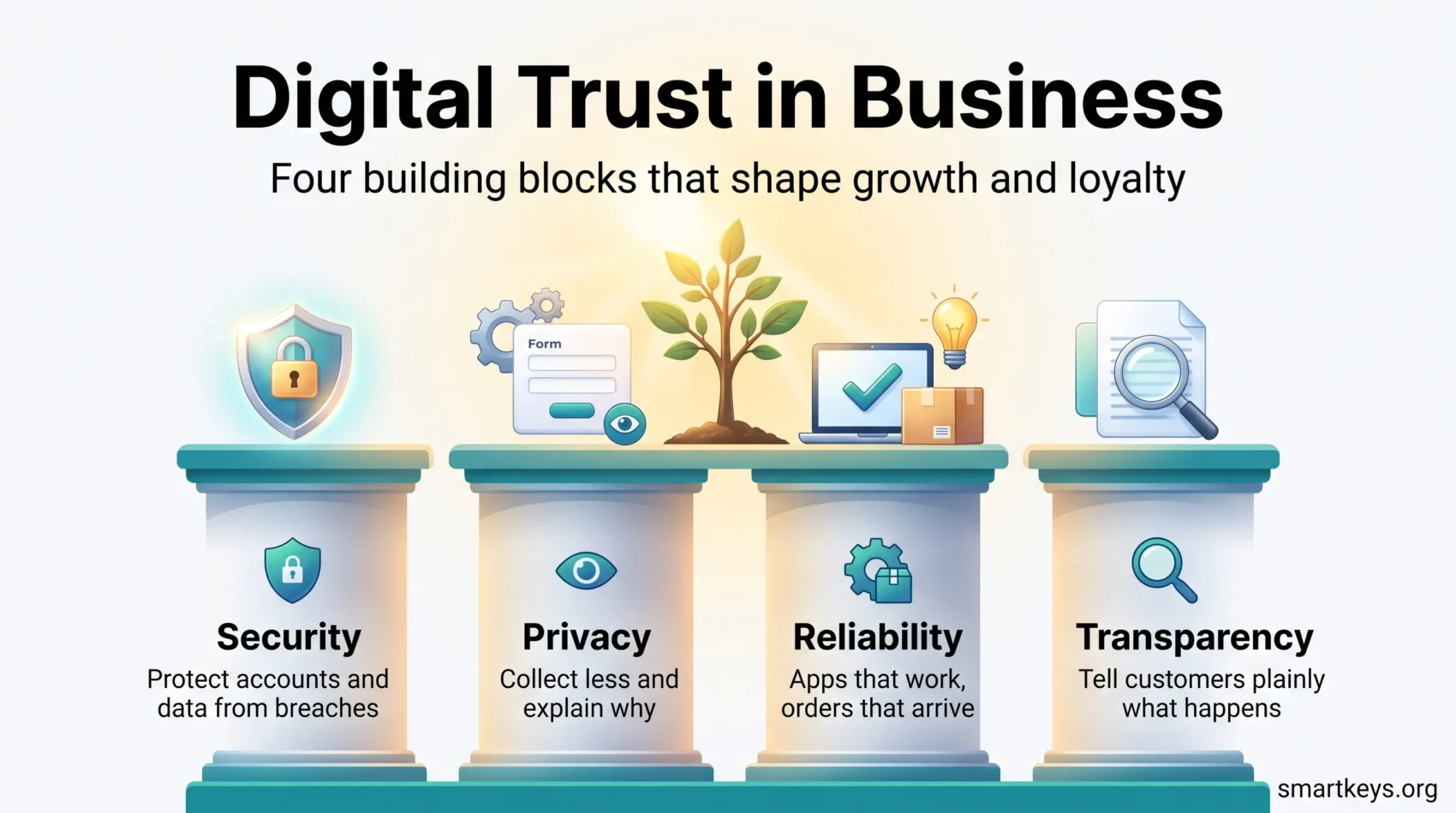 Infographic on digital trust in business: four pillars, security, privacy, reliability and transparency, holding up a growing tree.