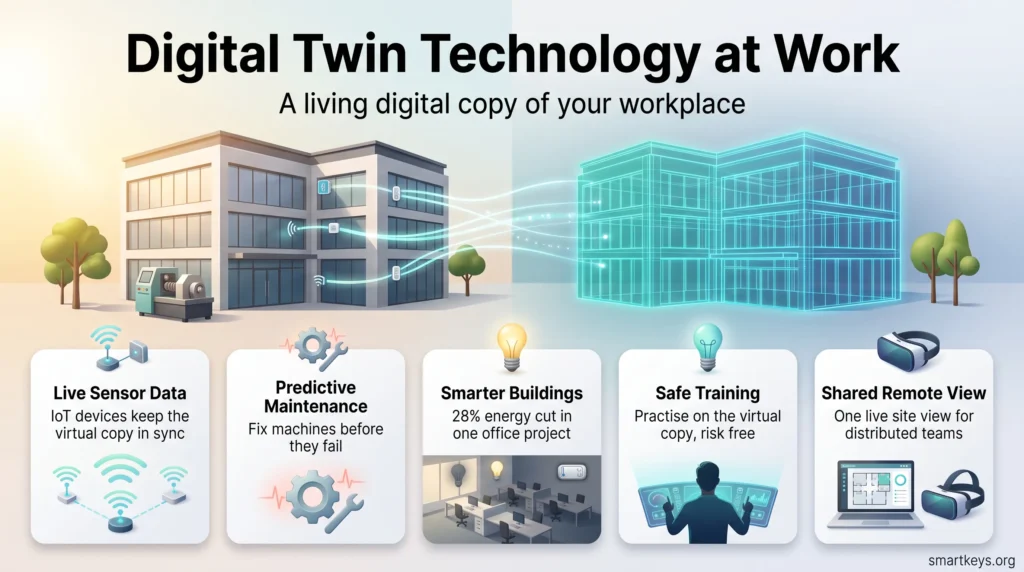 Infographic on digital twin technology at work: an office mirrored by its virtual twin, with sensor data, maintenance, energy, training and remote team benefits.