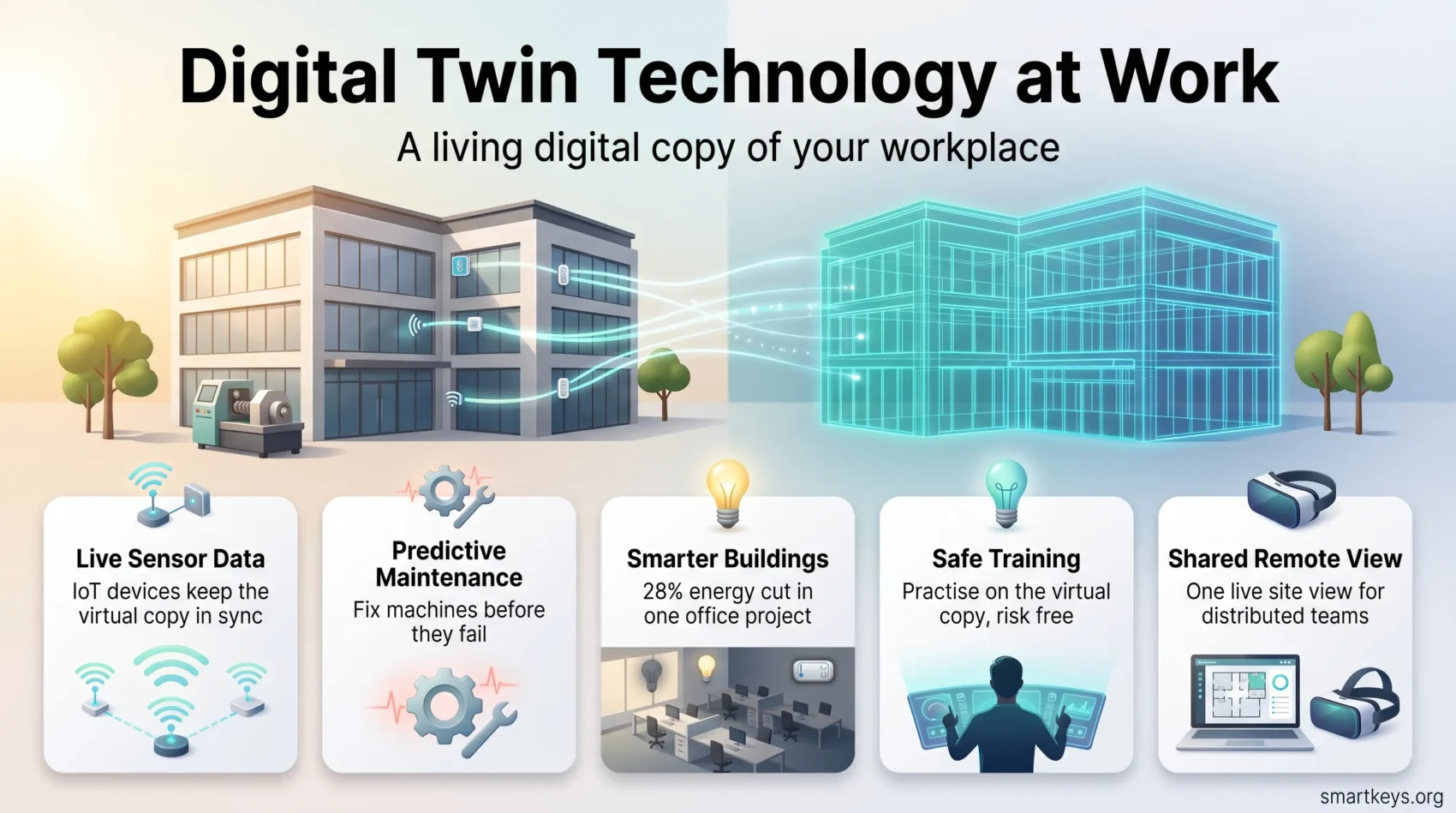 Infographic on digital twin technology at work: an office mirrored by its virtual twin, with sensor data, maintenance, energy, training and remote team benefits.
