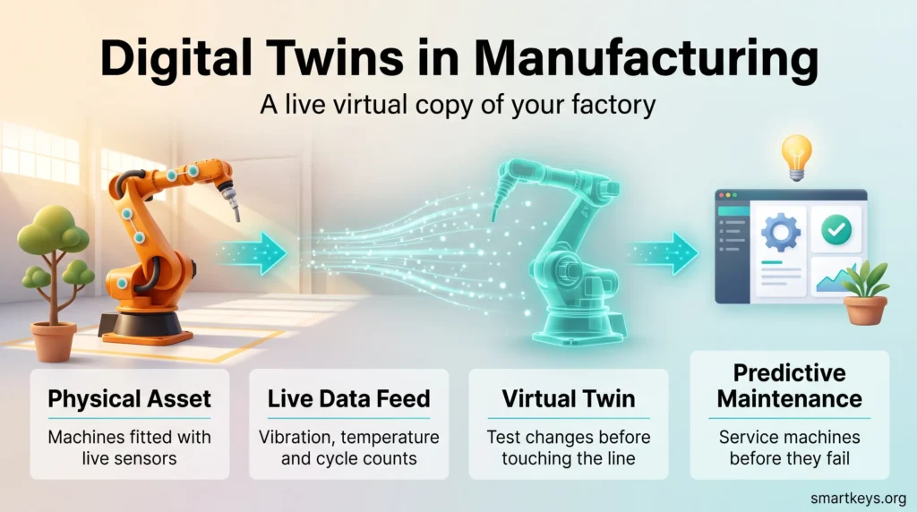 Digital twins in manufacturing infographic: a robot arm, its live sensor data feed, a holographic virtual twin and a predictive maintenance dashboard.
