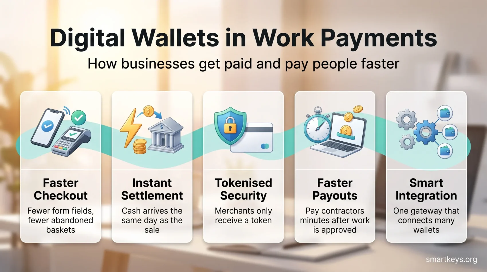 Infographic on digital wallets in work payments: faster checkout, instant settlement, tokenised security, faster payouts and smart integration.
