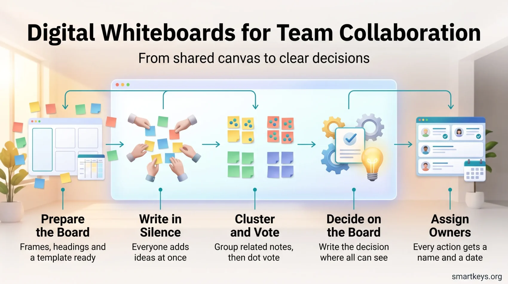Infographic on digital whiteboards for team collaboration, showing five steps from preparing the board to assigning owners and dates.