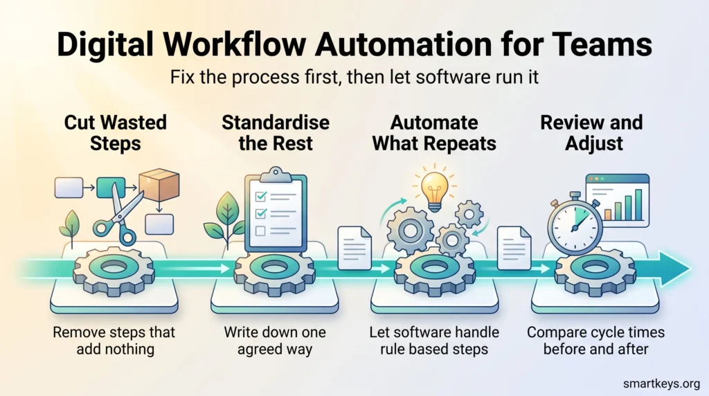 Digital workflow automation infographic showing four steps: cut wasted steps, standardise the rest, automate what repeats, then review cycle times.