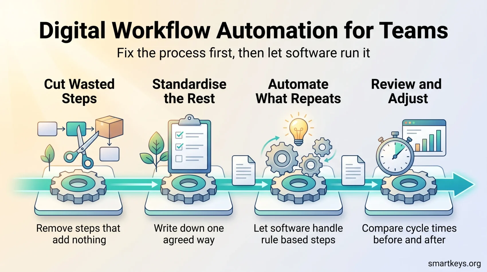 Digital workflow automation infographic showing four steps: cut wasted steps, standardise the rest, automate what repeats, then review cycle times.
