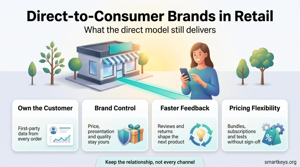Infographic on direct-to-consumer brands in retail: owning the customer, brand control, faster feedback and pricing flexibility.