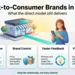 Infographic on direct-to-consumer brands in retail: owning the customer, brand control, faster feedback and pricing flexibility.