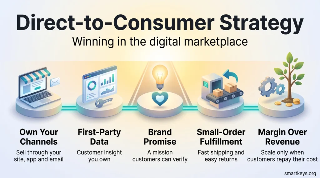 Direct-to-consumer strategy infographic showing five steps: own your channels, first-party data, brand promise, small-order fulfillment and margin over revenue.