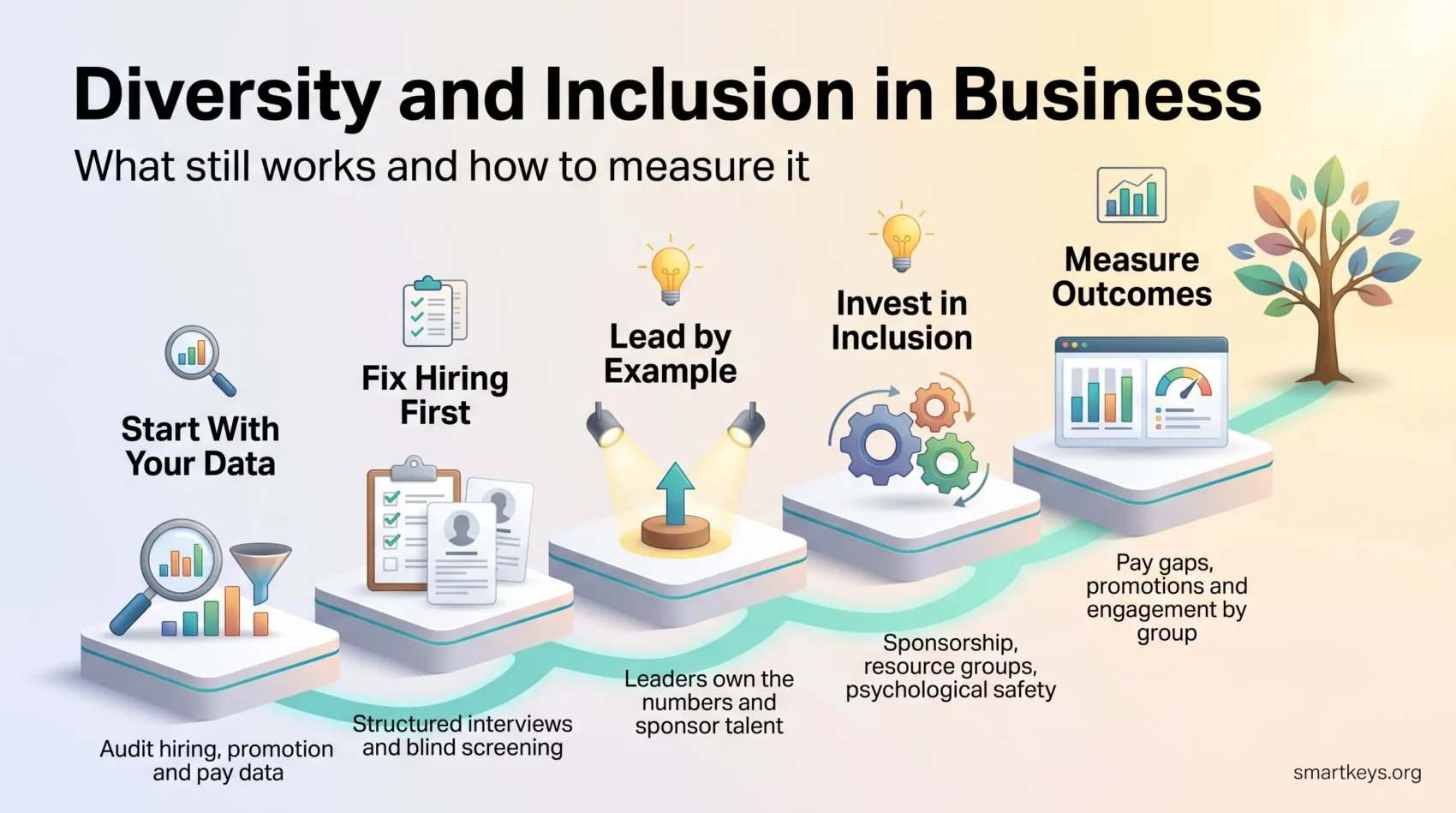 Infographic on diversity and inclusion in business: five steps from auditing data and fair hiring to leadership, inclusion and measuring outcomes.