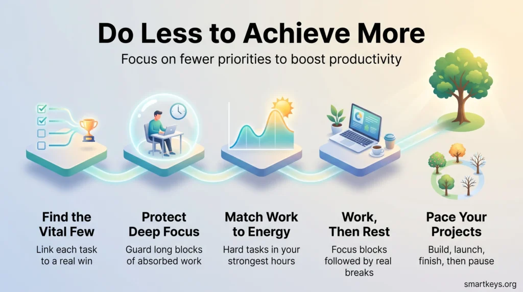 Infographic on how to do less to achieve more: find the vital few, protect deep focus, match work to energy, work then rest, and pace your projects.