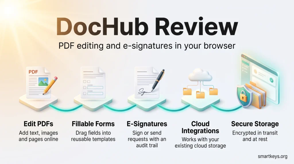 DocHub review infographic showing a five step flow: edit PDFs, fillable forms, e-signatures with audit trail, cloud integrations and secure storage.