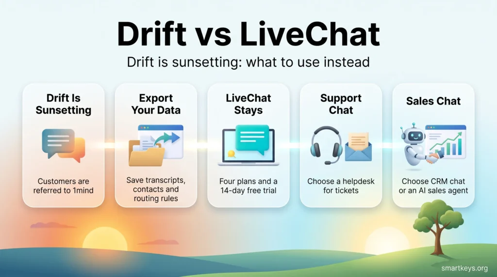 Drift vs LiveChat infographic: Drift is sunsetting, so export your data, then pick LiveChat, a support helpdesk or sales chat as the replacement.
