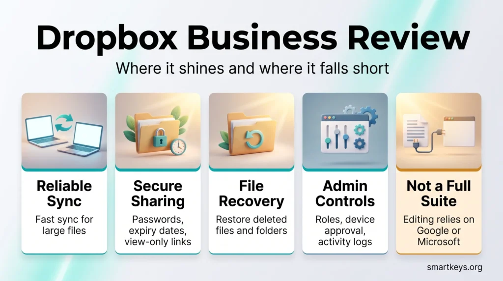 Dropbox Business review infographic showing its strengths in reliable sync, secure sharing, file recovery and admin controls, and its lack of a full office suite.