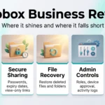 Dropbox Business review infographic showing its strengths in reliable sync, secure sharing, file recovery and admin controls, and its lack of a full office suite.