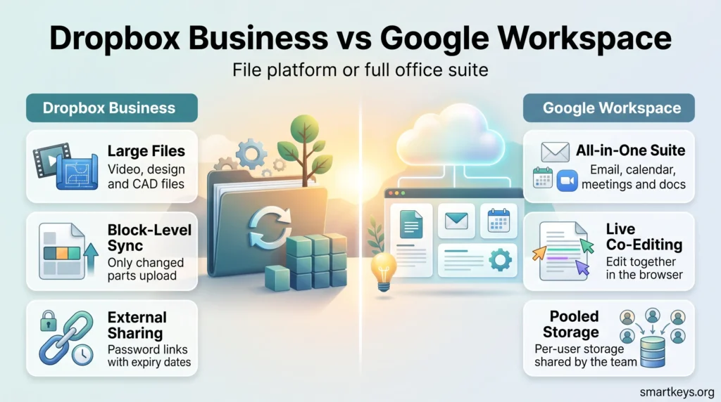 Infographic comparing Dropbox Business vs Google Workspace: large file sync and secure sharing versus an all-in-one suite with live co-editing.