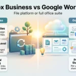 Infographic comparing Dropbox Business vs Google Workspace: large file sync and secure sharing versus an all-in-one suite with live co-editing.