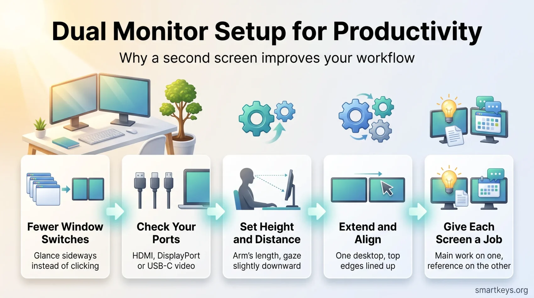 Dual monitor setup for productivity infographic: five steps covering fewer window switches, ports, screen height and distance, display alignment and screen roles.