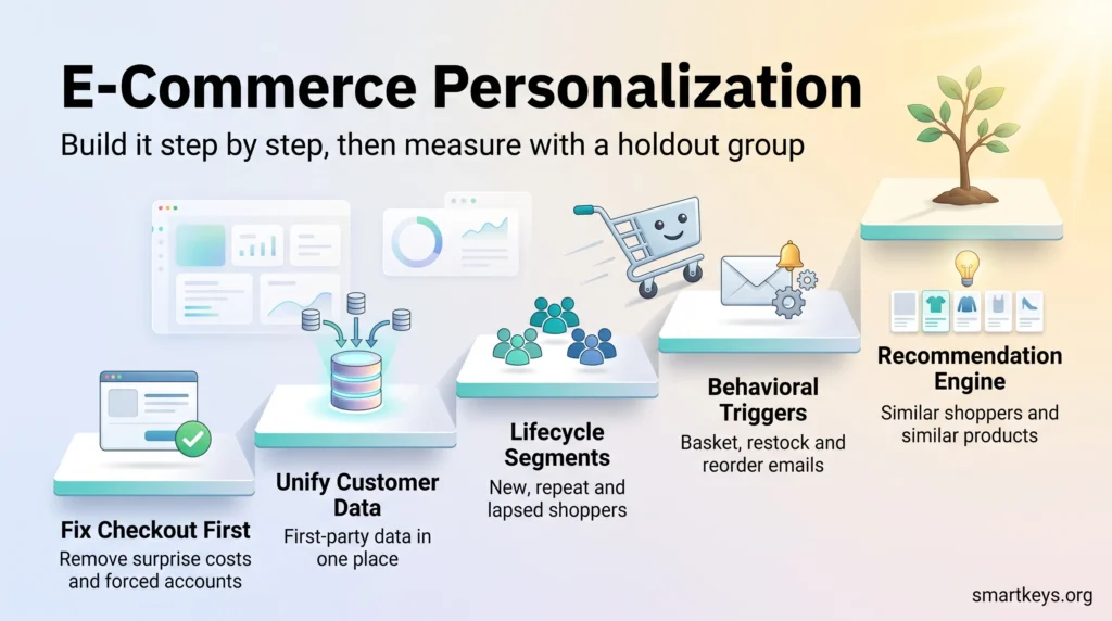 E-commerce personalization infographic: five rising steps from fixing checkout and unifying customer data to segments, triggers and a recommendation engine.
