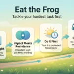 Eat the Frog Method: How to Tackle Your Hardest Task First Eat the Frog method infographic showing four steps: pick your frog tonight, find where impact meets resistance, do it first, and stay in one focus block.