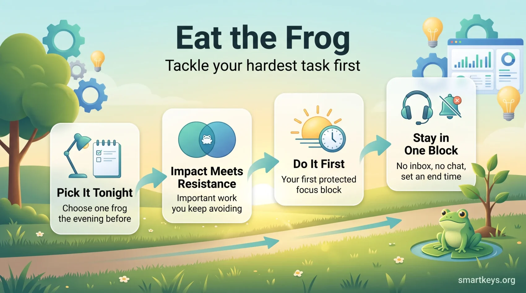 Eat the Frog method infographic showing four steps: pick your frog tonight, find where impact meets resistance, do it first, and stay in one focus block.