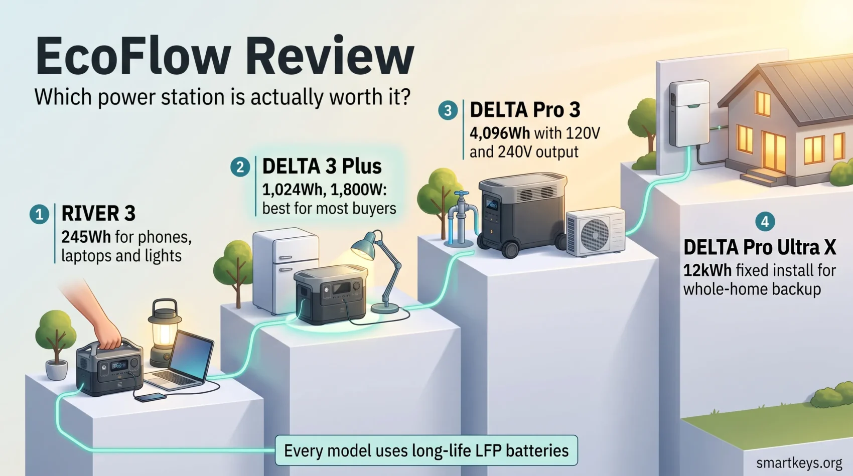Infographic from an EcoFlow review comparing the RIVER 3, DELTA 3 Plus, DELTA Pro 3 and DELTA Pro Ultra X power stations by capacity and use.