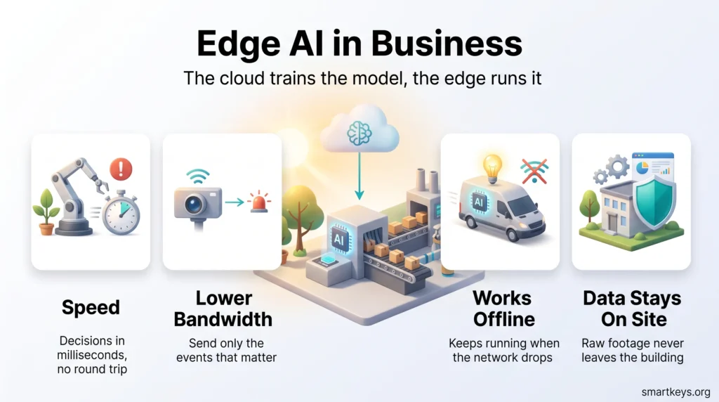 Edge AI in business infographic: the cloud trains the model and the edge runs it, for speed, lower bandwidth, offline operation and on-site data.