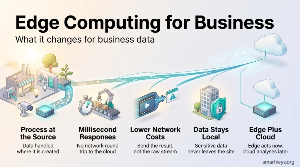 Infographic on edge computing for business: processing data at the source for faster responses, lower network costs, local data control and cloud integration.