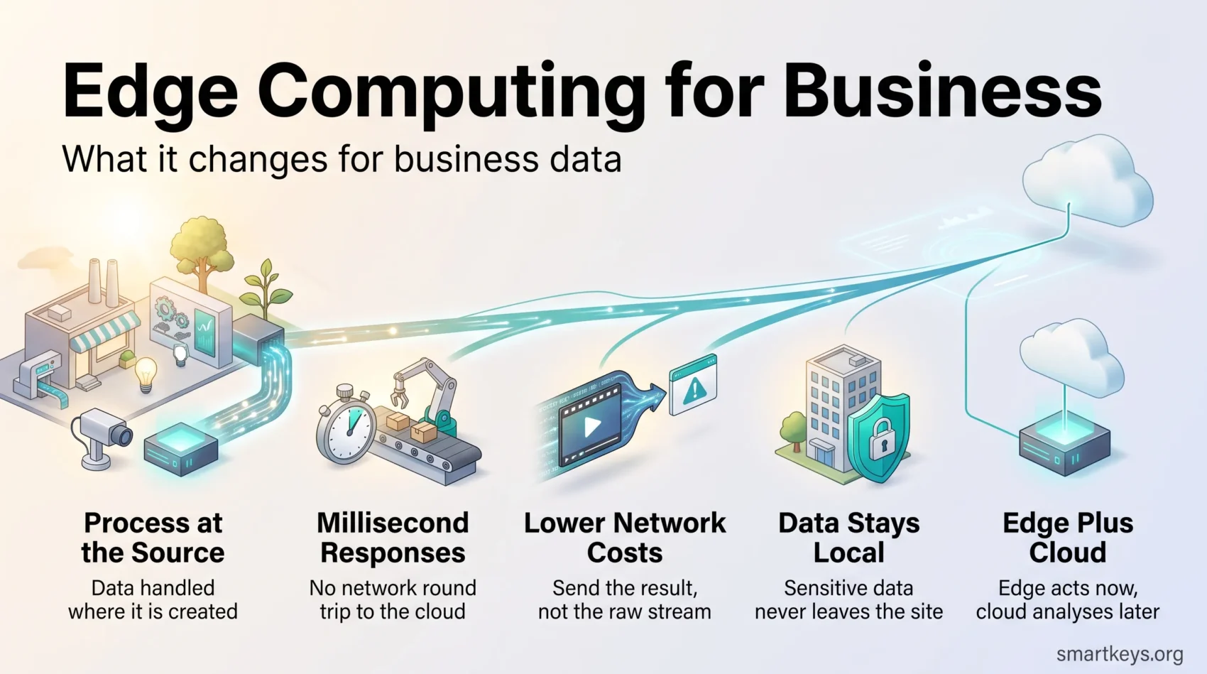 Infographic on edge computing for business: processing data at the source for faster responses, lower network costs, local data control and cloud integration.