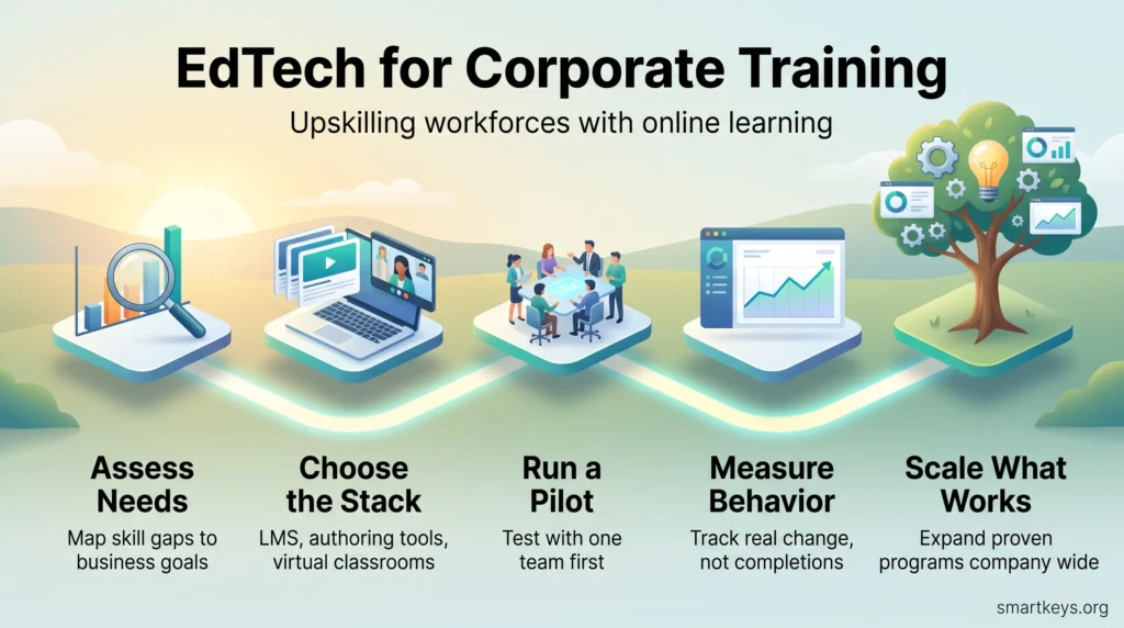 Infographic on EdTech for corporate training: five steps from assessing needs and choosing the stack to piloting, measuring behavior and scaling.