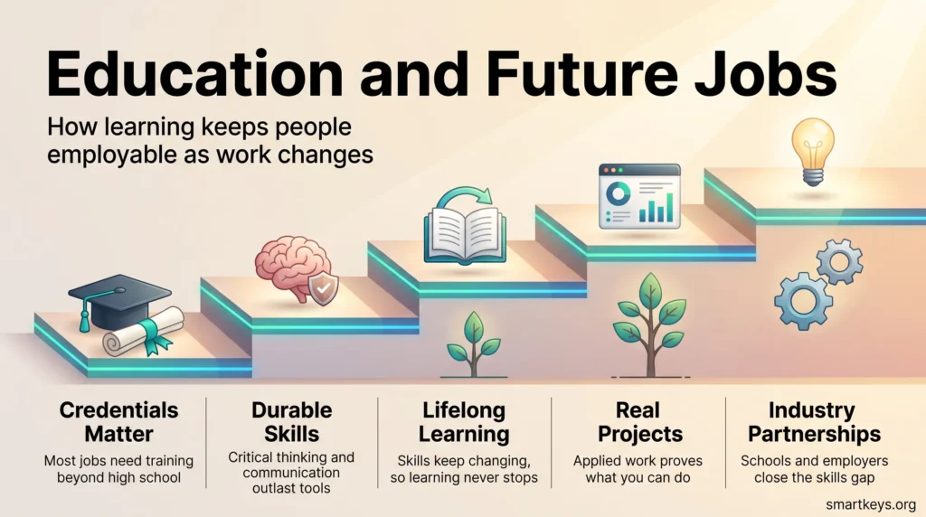 Infographic on education for future jobs showing five steps: credentials, durable skills, lifelong learning, real projects and industry partnerships.