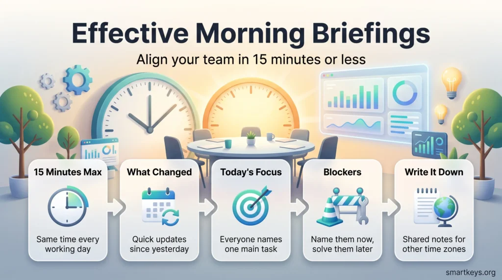 Infographic on effective morning briefings: a 15-minute daily format covering what changed, today's focus, blockers and shared written notes.