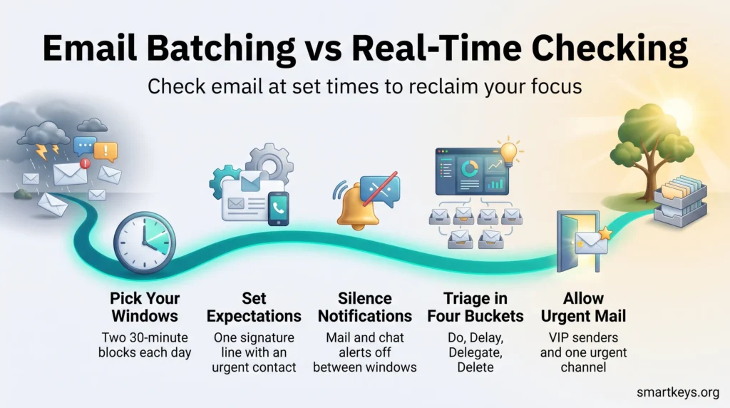 Email batching infographic showing five steps from real-time inbox checking to scheduled windows, silenced alerts, four-bucket triage and urgent exceptions.