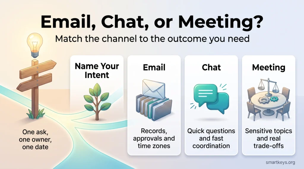 Infographic on choosing email, chat, or meeting: name your intent, then use email for records, chat for quick coordination, meetings for sensitive trade-offs.