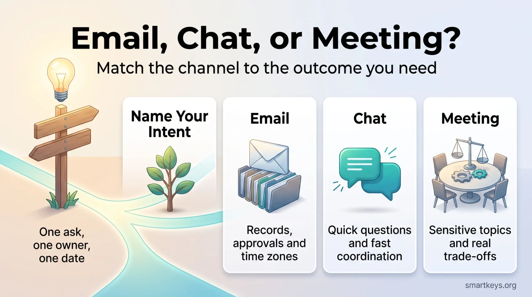 Infographic on choosing email, chat, or meeting: name your intent, then use email for records, chat for quick coordination, meetings for sensitive trade-offs.