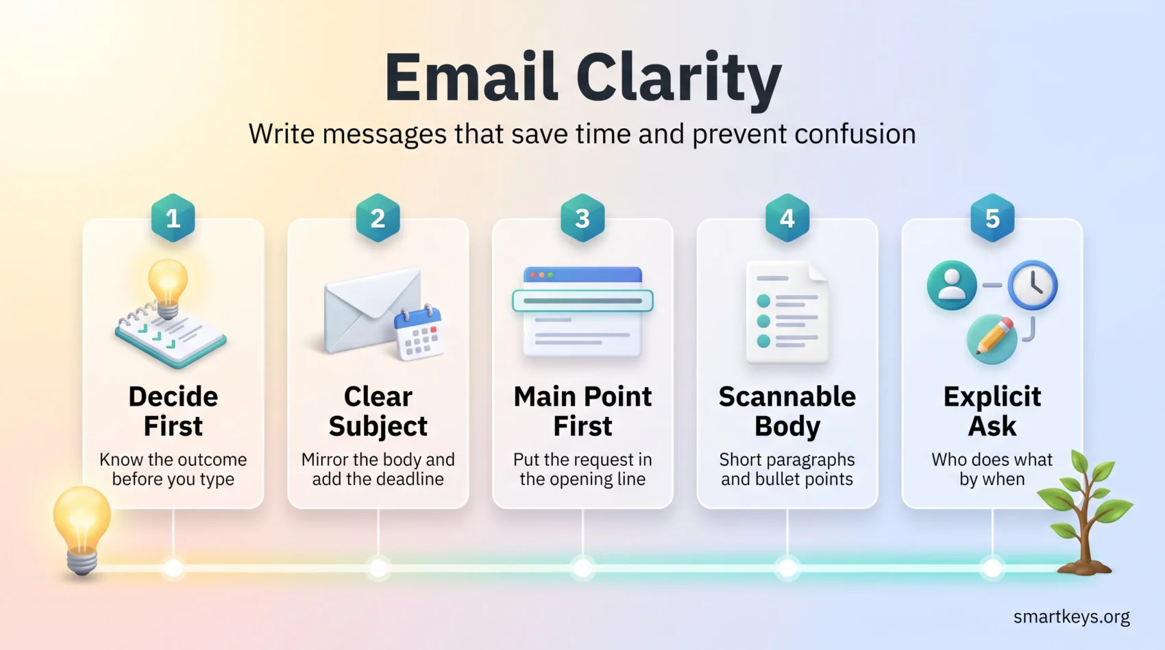 Email clarity infographic showing five steps: decide first, clear subject, main point first, scannable body and an explicit ask naming who does what by when.