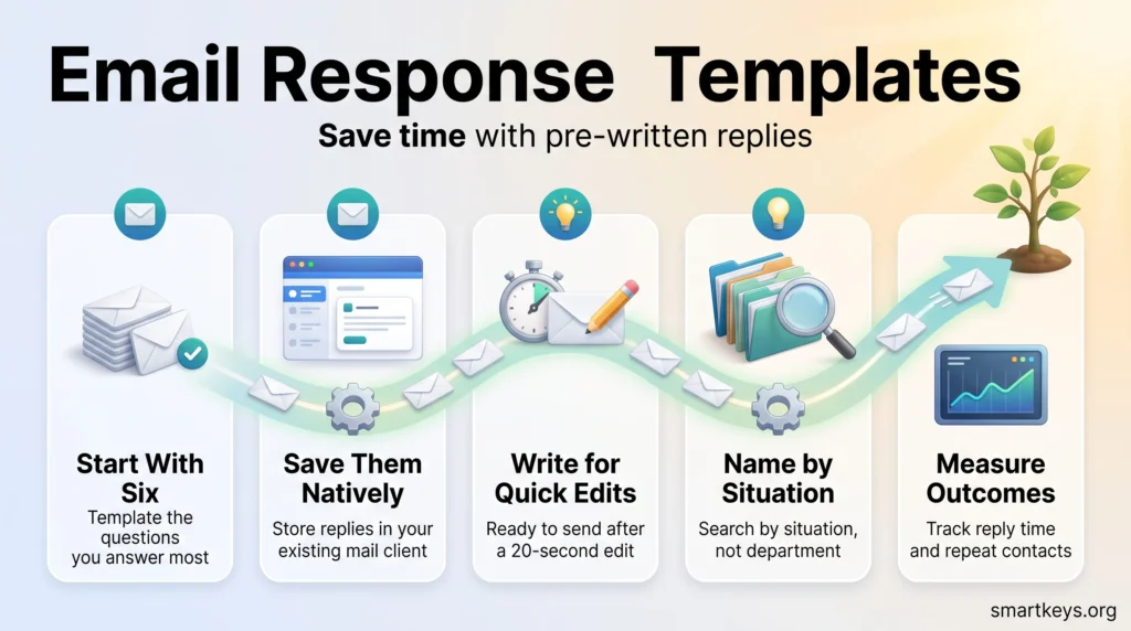 Infographic on email response templates: start with six, save them natively, write for quick edits, name by situation and measure outcomes.