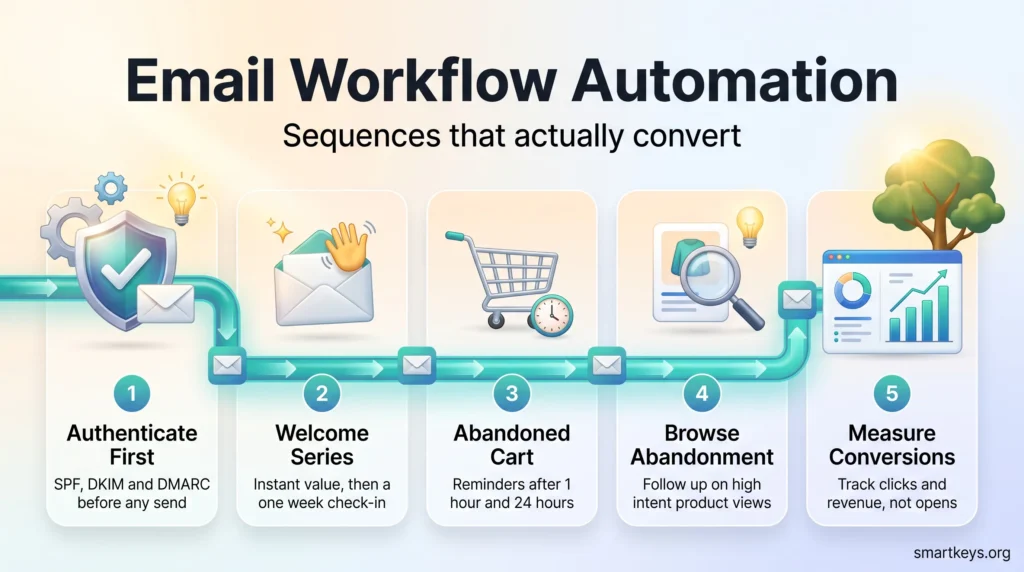 Email workflow automation infographic: authenticate first, then welcome series, abandoned cart and browse abandonment flows, measured by clicks and revenue.