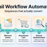 Email Workflow Automation 2026: Sequences That Actually Convert Email workflow automation infographic: authenticate first, then welcome series, abandoned cart and browse abandonment flows, measured by clicks and revenue.